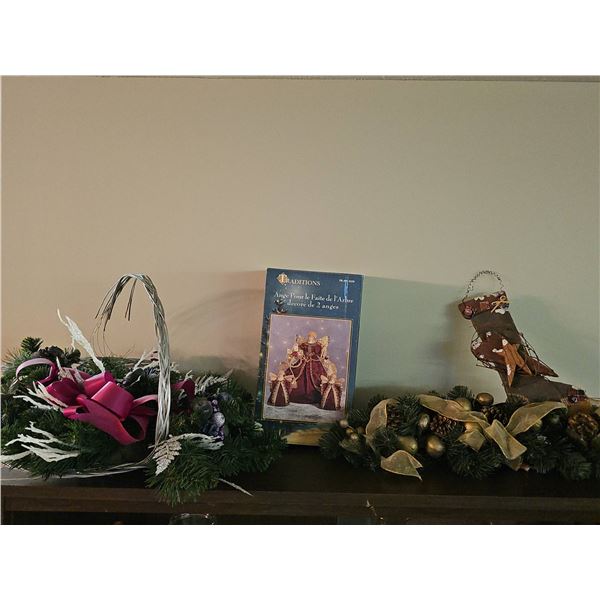 Holiday Décor Lot: Traditions Tree Topper, Wreath With Pink Bow, Festive Garland