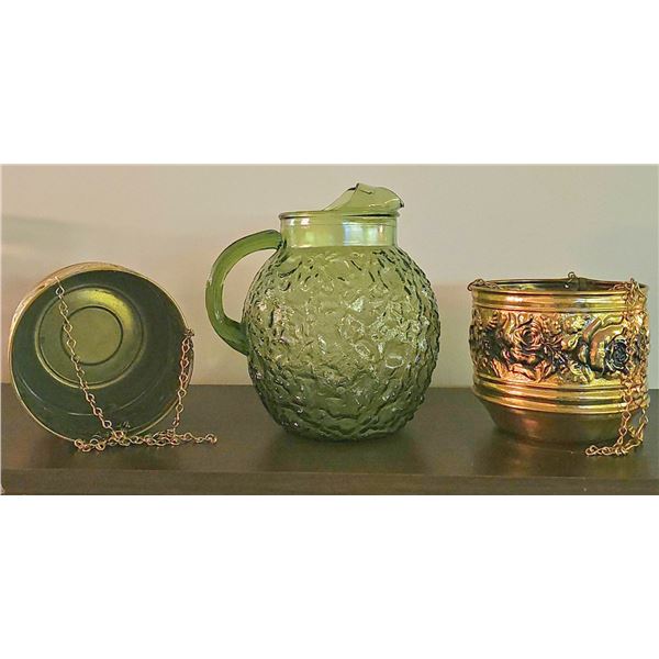 Embossed Brass Planter and Green Textured Glass Pitcher