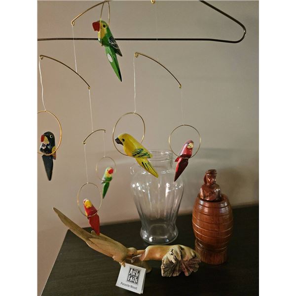 Decorative Lot: Parrot Wood Mobile, Art Glass Bowl, Stuffed Mouse Doll, Porcelain Clown Figure