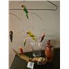 Image 1 : Decorative Lot: Parrot Wood Mobile, Art Glass Bowl, Stuffed Mouse Doll, Porcelain Clown Figure