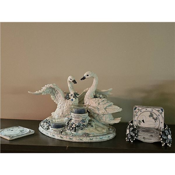 Porcelain Swan Double Candle Holder With Matching Coaster Set
