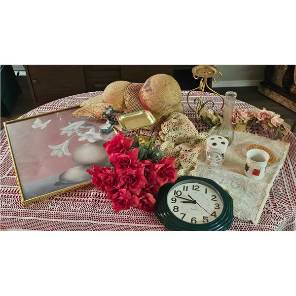 Lot: Framed Floral Print, Harmony Wall Clock, Hats, Vases, and Home Decor