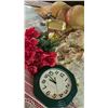 Image 3 : Lot: Framed Floral Print, Harmony Wall Clock, Hats, Vases, and Home Decor