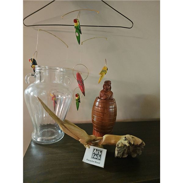 Lot: Glass Jar, Carved Figure, Parrot Mobile, Parasitic Wood Sculpture
