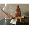 Image 5 : Lot: Glass Jar, Carved Figure, Parrot Mobile, Parasitic Wood Sculpture