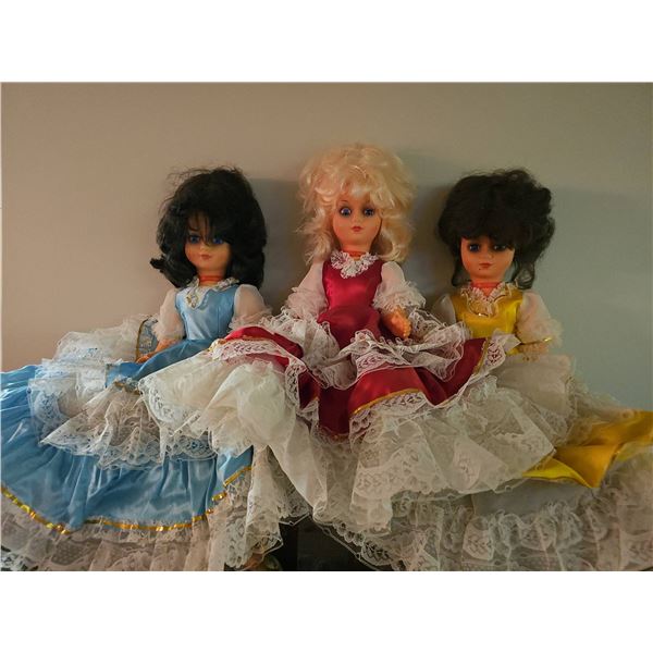 Three Large Vintage Dolls with Lace Dresses