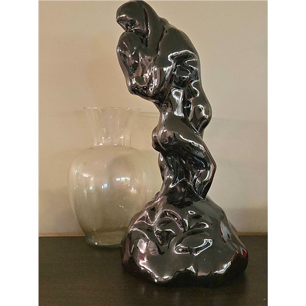 Abstract Black Glazed Ceramic Sculpture of Embracing Figures