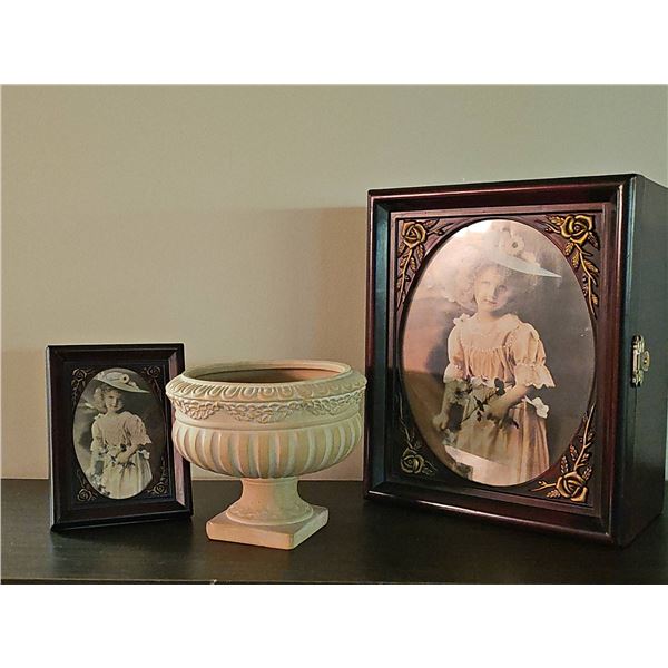 Wooden Jewellery Box with Framed Photo, Small Matching Frame, and Ceramic Planter
