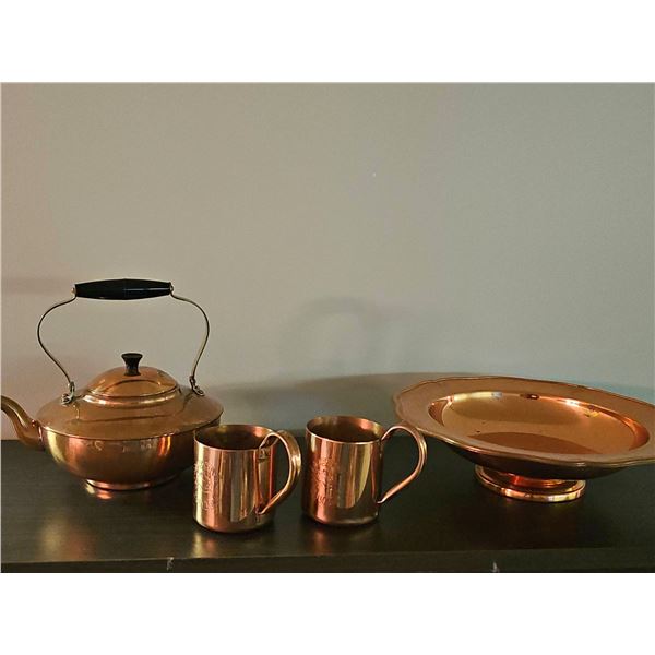 Copper Teapot, Two 'Moscow Mule' Mugs, and Copper Bowl Set