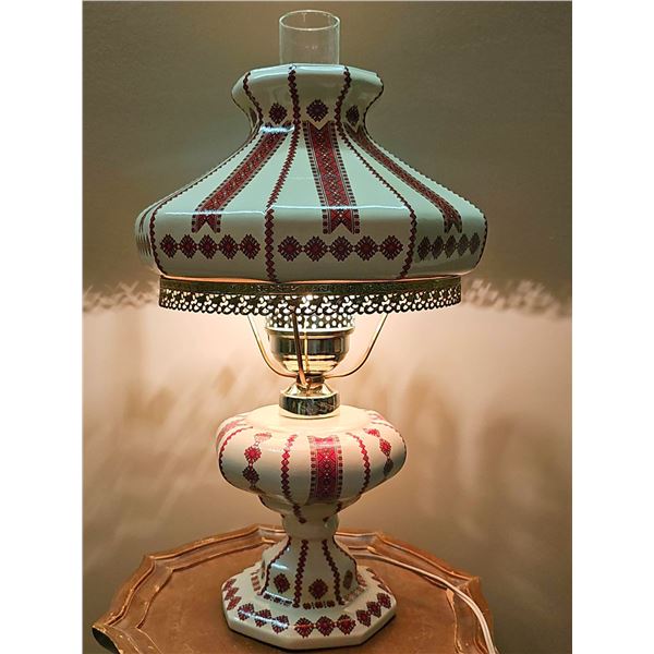 Decorative Ceramic Oil Lamp with Red Pattern and Metal Hardware