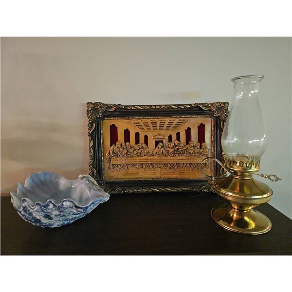 Decorative Lot with Brass Oil Lamp, Clam Shell Bowl, and Last Supper Relief