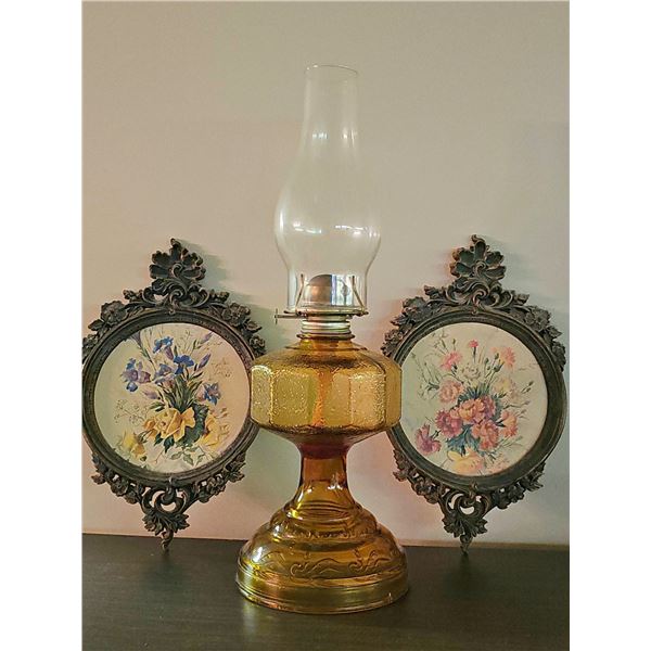 Amber Glass Oil Lamp With Two Ornate Framed Floral Prints