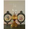 Image 1 : Amber Glass Oil Lamp With Two Ornate Framed Floral Prints