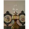 Image 5 : Amber Glass Oil Lamp With Two Ornate Framed Floral Prints