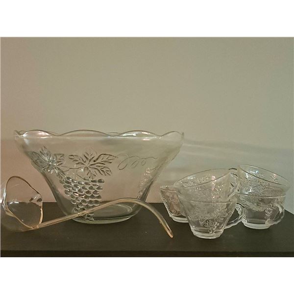 Clear Glass Grape Vine Punch Bowl Set with Cups and Ladle