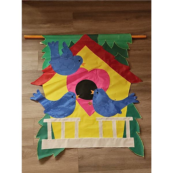 Fabric Birdhouse Wall Hanging With Three Blue Birds