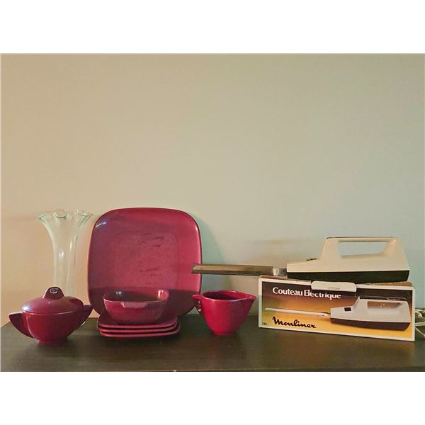 Moslex Moderne Burgundy Dinnerware and Moulinex Electric Knife