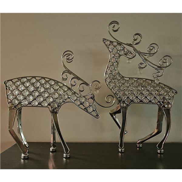Silver Metal and Crystal Reindeer Figurines