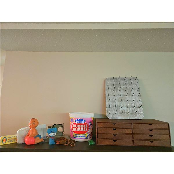 Lot With Dubble Bubble Candy, Doll, Toy Diaper, Storage Drawers