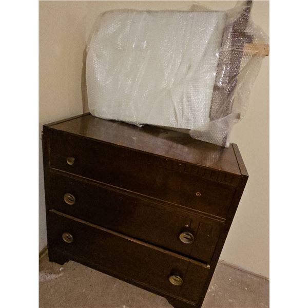 Needs repair * Wooden Chest of Drawers with Brass Pulls, Three Drawer Unit