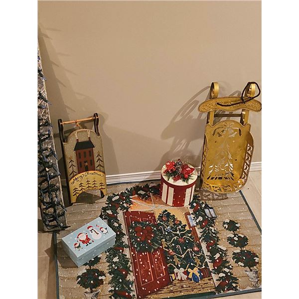 Christmas Decor Lot: Pair of Sleds, Holiday Box, and Festive Door Mat