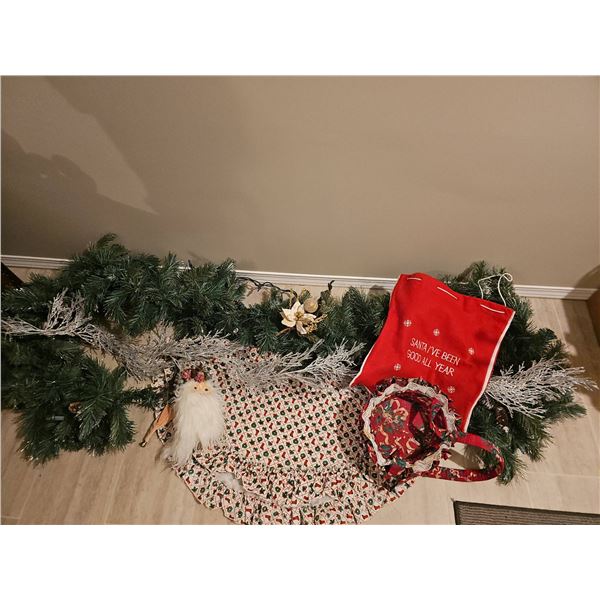 Holiday Décor Lot With Garland, Santa Sack, and Table Linens