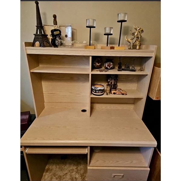 Light Oak Desk With Shelves and Collectible Decor Items