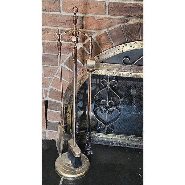 Brass Fireplace Tool Set with Stand and Four Tools