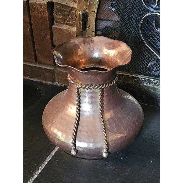 Hand-Hammered Solid Copper Vase with Brass Rope Accent, Made in Turkey