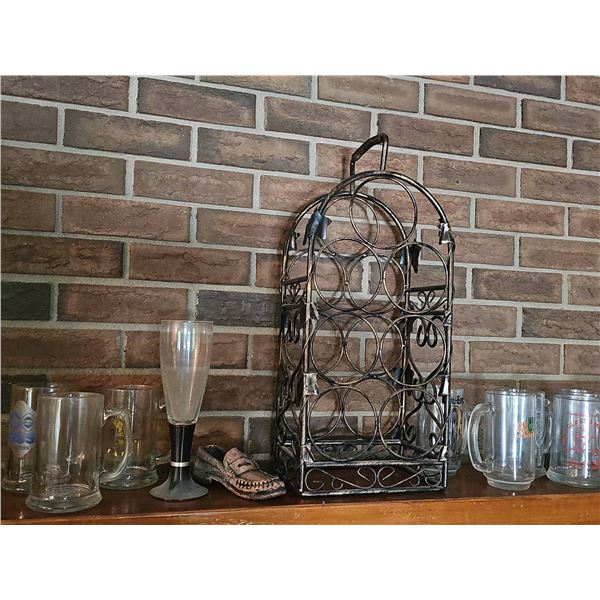 Metal Wine Rack With Assorted Beer Mugs and Glasses