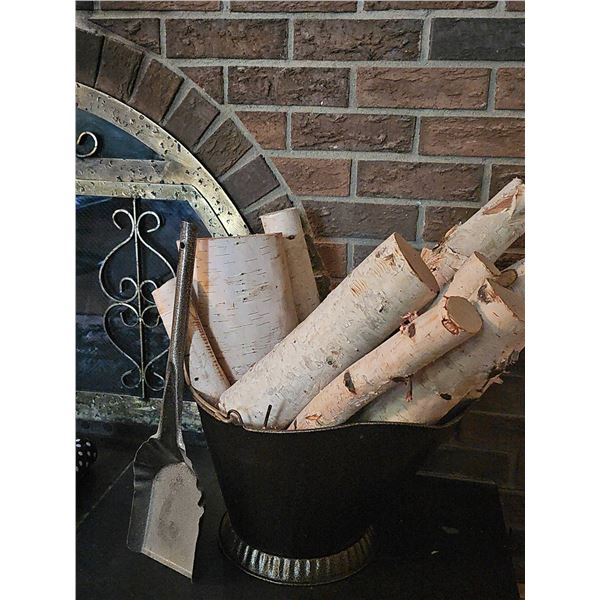 Metal Fireplace Log Holder With Birch Logs and Fireplace Tool