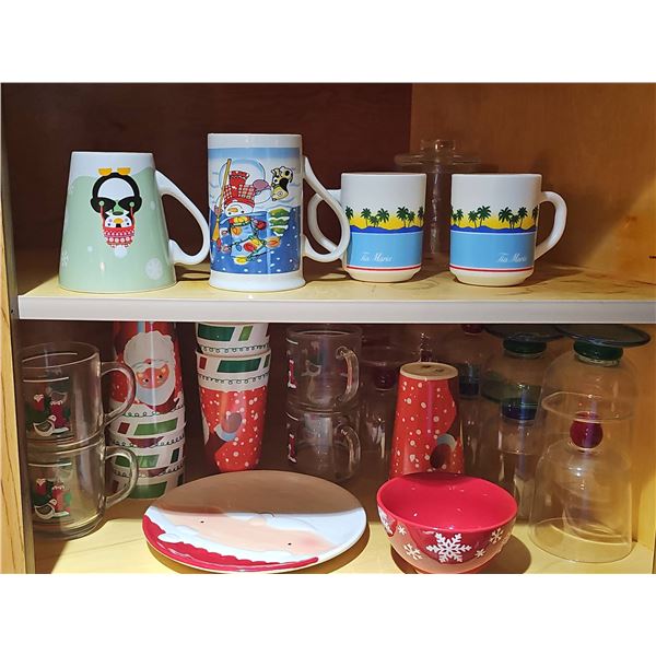 Holiday and Floral Mugs, Plates, Bowls, and Glassware Lot
