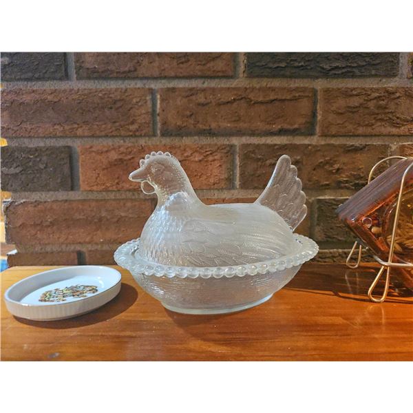 Clear Glass Hen Covered Dish and Set of Four Decorative Small Plates