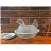 Image 1 : Clear Glass Hen Covered Dish and Set of Four Decorative Small Plates