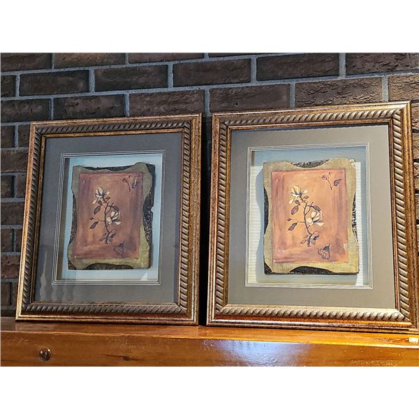 Framed Floral Still Life Paintings on Rustic Wood