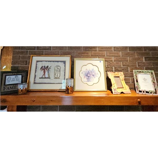 Five Assorted Framed Artworks and Mosaic Candle Holder
