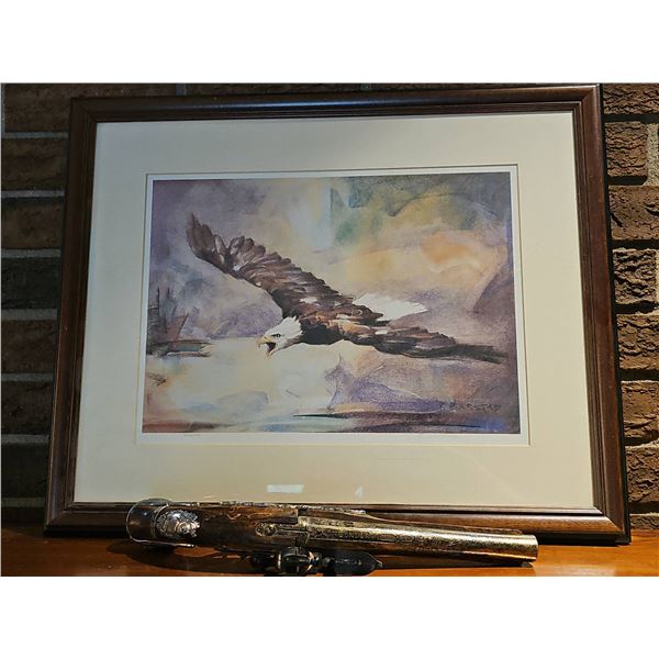 Framed Bald Eagle Print by R. Isakstad and Decorative Flintlock-Style Pistol