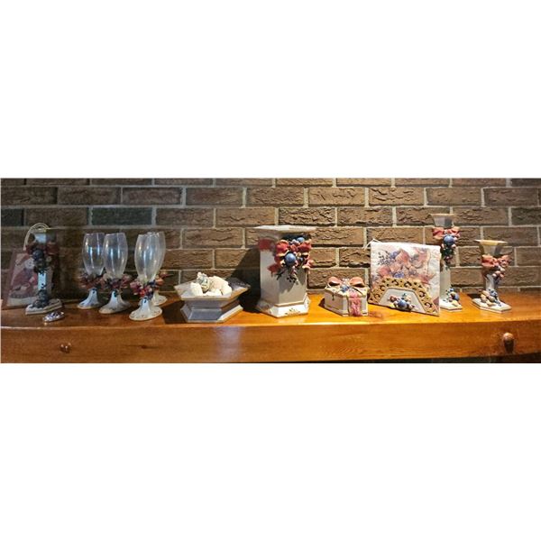 Decorative Painted Candle Holders, Glasses, Bow-Adorned Boxes and Napkin Holder Lot