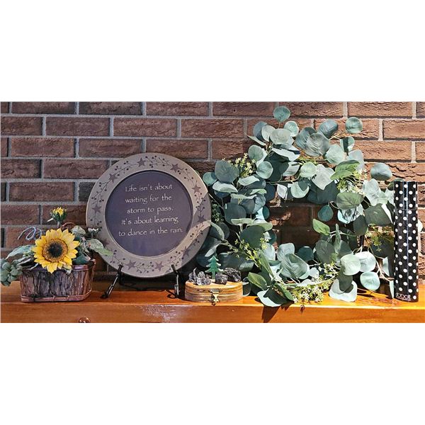 Decorative Plate, Artificial Eucalyptus Wreath, Wooden Chest with Stones, and Sunflower Arrangement