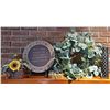 Image 1 : Decorative Plate, Artificial Eucalyptus Wreath, Wooden Chest with Stones, and Sunflower Arrangement