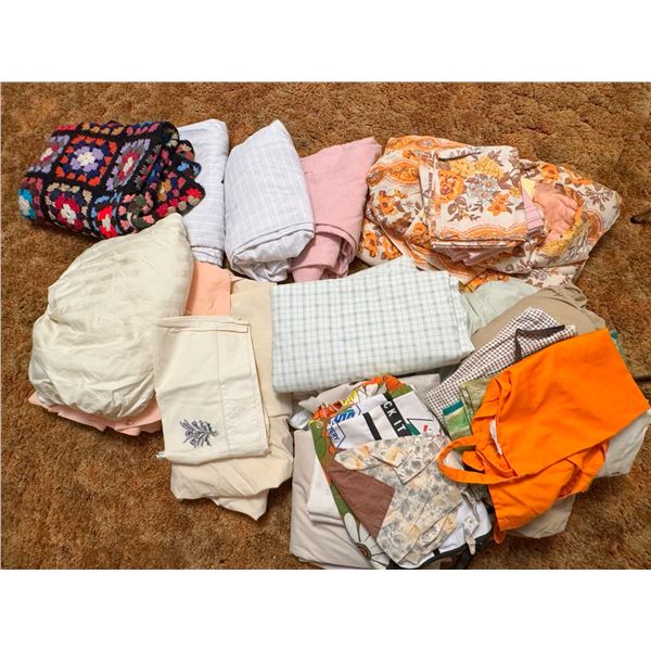 Linens and Textiles Including Crochet Afghan and Floral Sheets