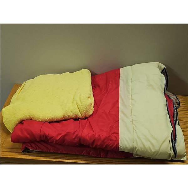 Red and Cream Reversible Sleeping Bag with Yellow Blanket