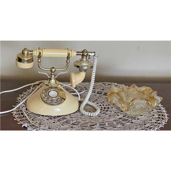 Rotary Dial Telephone and Gold-Trimmed Glass Bowl, Made in Korea