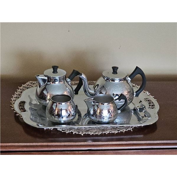 Silver-Tone 5-Piece Engraved Metal Tea and Coffee Set with Tray