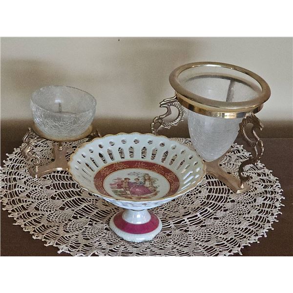 3 Décor Pieces: Japan Porcelain Compote and 2 Seahorse Glass Bowls
