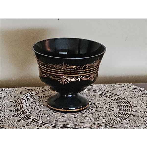 Black Glass Pedestal Compote with Gold Decorative Accents