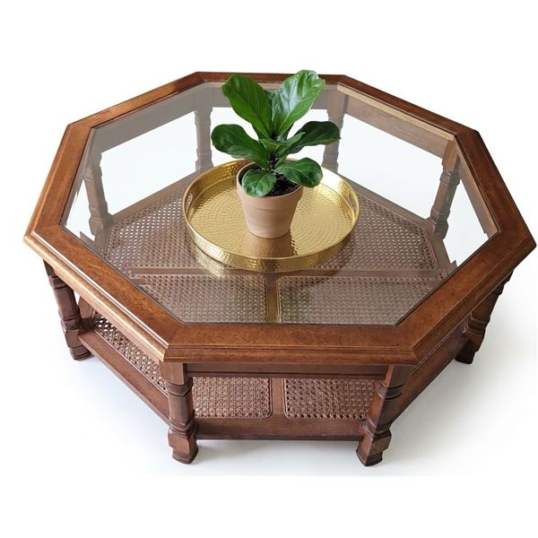 Octagonal Wood and Glass Coffee Table with Cane Panels