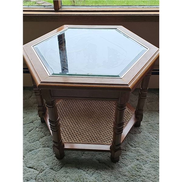 Hexagonal Wood and Glass Top Side Table with Cane Shelf