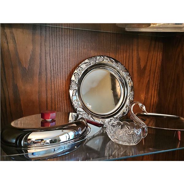 Silver Plate and Crystal Tableware Including Swan Bowl