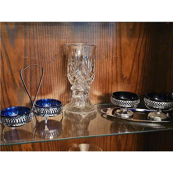 Crystal Vase and Cobalt Blue Glass Dishes with Silver Holders